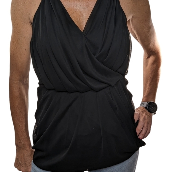 Asos Sexy Black Sleeveless Drapey Mesh Ruffle Elastic Waist Peplum Top Size 4 - Picture 2 of 6